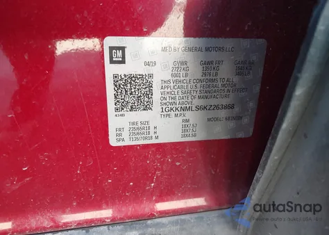 2019 GMC Acadia Slt-1 из США, поврежденный, VIN 1GKKNMLS6KZ263868